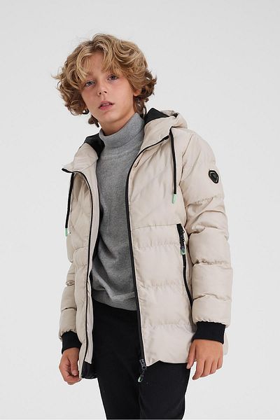 SİVAİST Cream Boy's Water and Windproof Washable Jacket & Coat with Thick Fur Inside