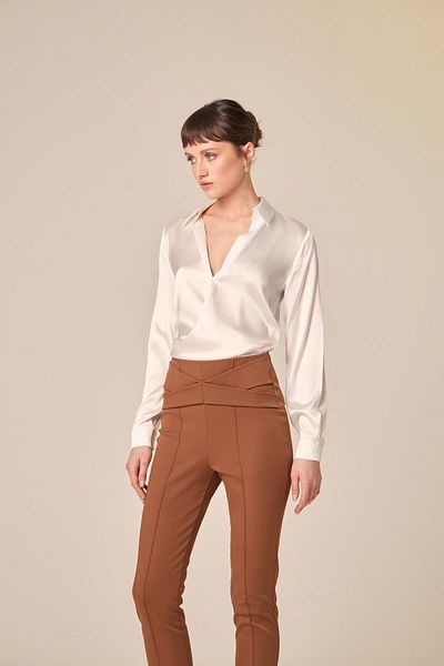 rue Tie-Up Silk Crop Ecru Shirt Blouse