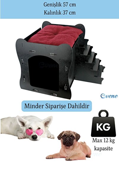 Evene Ahşap Köpek Kulübesi Dekoratif Köpek Evi Siyah Renk Merdivenli Model