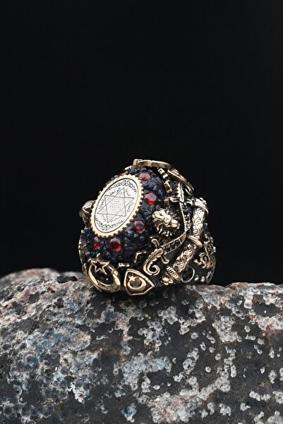 Prestige Özel Tasarım Hz. Süleyman Mührü Sıkma Kehribar Taşlı Aslan Figürlü 9...