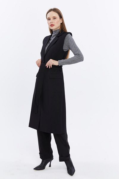 Appleline Black Long Vest - Women's Belted