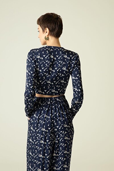 rue Спереду застібається, з візерунком, синій кроп-топ