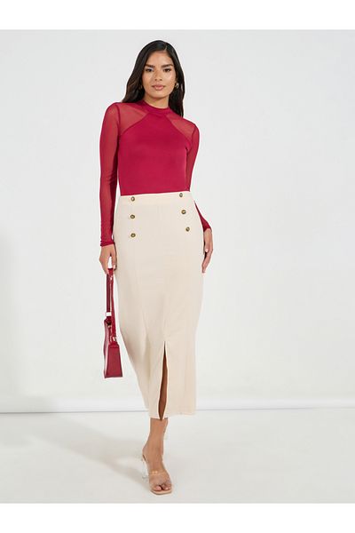 Styli Button Detail Midi Skirt with Split Hem