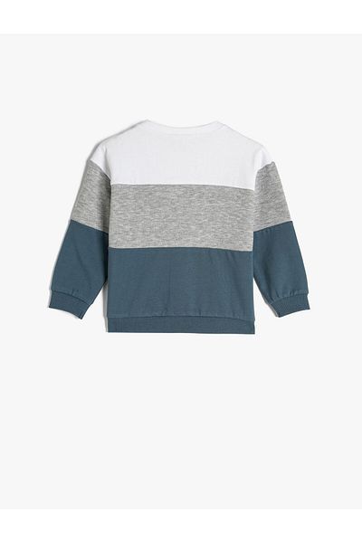 Koton Sweatshirt Crew Neck Color Block Printed Raised Cotton
