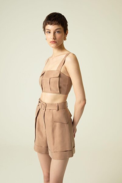 rue Подробен джобен камилски къс топ с презрамки