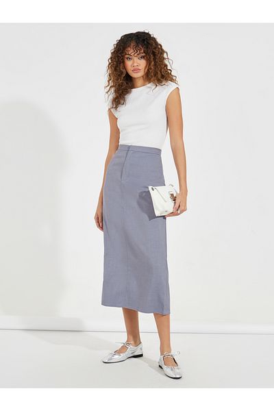 Styli Tailored Twill Midi Skirt with Back Slit
