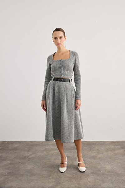 rue Deri Kemer Detaylı Cepli Pileli Gri Midi Etek