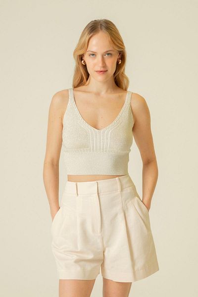 rue Crop Top din tricotaje Ecru - Curea cu detaliu elastic în talie