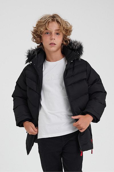 SİVAİST Black Thick Puffer Jacket for Boy - Detachable Hood and Fur Detail