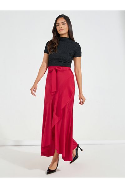 Styli Solid Mock Wrap Ruffled Hem Maxi Skirt