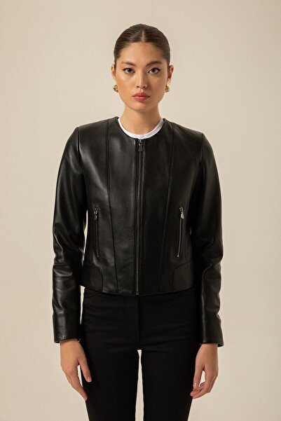 rue Black Leather Jacket with Zipper Detail