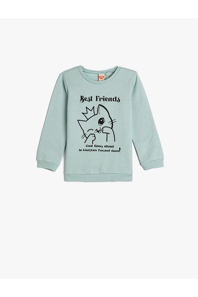 Koton Sweatshirt Crew Neck Cotton Cat Printed Raised