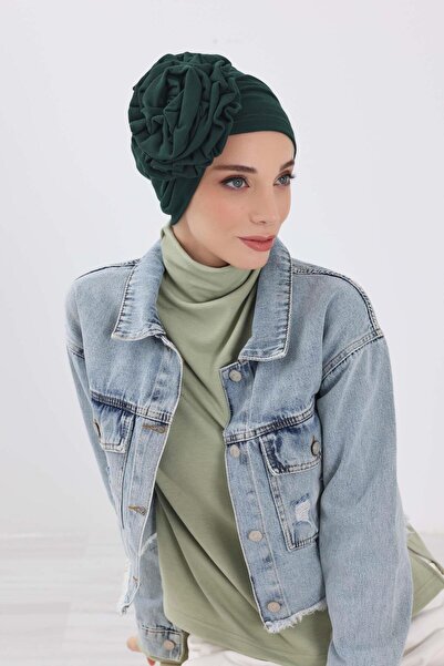 Aisha's Design Rose Winter Bonnet Turban, B-21Rb, Duck Green