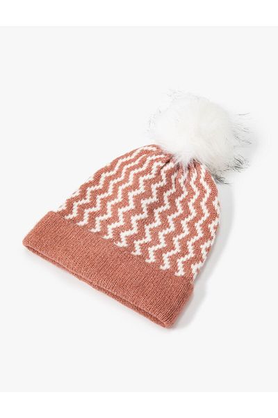 Koton Knitted Beanie with Color Block and Plush Pompom Detail