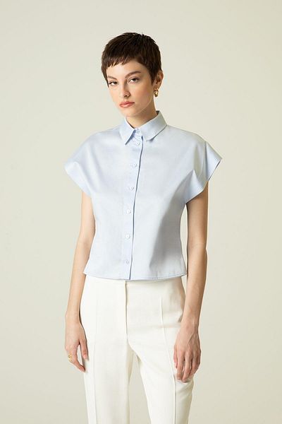 rue. Short Sleeve Blue Poplin Shirt
