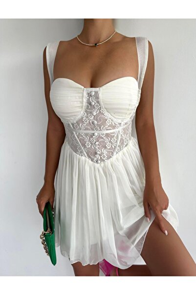 Angel Mia Rochie din șifon cu detaliu corset din dantelă albă