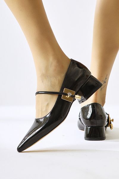 Limoya Дамски ежедневни обувки Micha Black Laced Leather с остър връх и катарама, детайлни, къси токчета