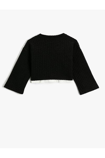 Koton Crop Sweatshirt Long Wide Sleeves Color Contrast Crew Neck