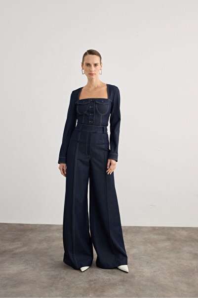 rue Kare Yaka Cep Detaylı Lacivert Denim Crop Gömlek