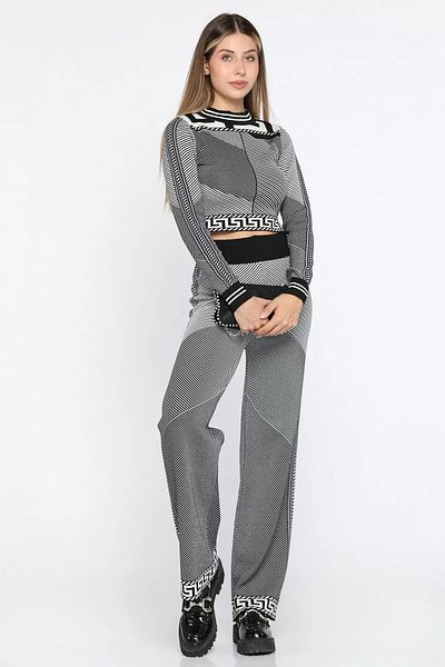 GÜLSELİ Black Patterned Crop Blouse Trousers Knitwear Double Set