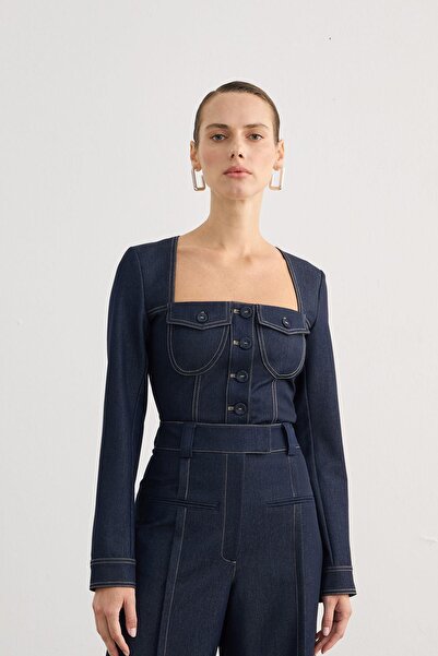 rue Kare Yaka Cep Detaylı Lacivert Denim Crop Gömlek