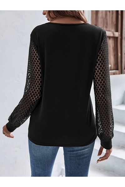 Trendusfashion Μακρυμάνικη μπλούζα βισκόζης με λαιμόκοψη V με λεπτομέρεια από τούλι