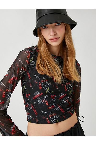 Koton Long Sleeve T-Shirt Crop Tulle Printed Crew Neck