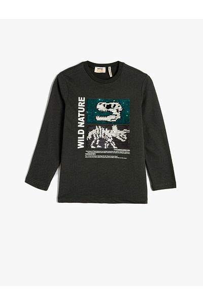 Koton T-Shirt Dinosaur Printed Long Sleeve Sequined Sequined Crew Neck Cotton