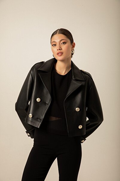 rue Black Leather Jacket with Front Button Detail