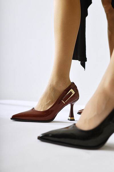 Limoya Mithra Burgundy Patent Leather Pointed Toe Buckle Detailed Heeled Women's Shoes
