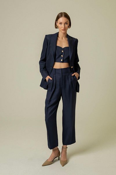 rue Navy Blue Long Jacket - Pocket and Gold Button Detail