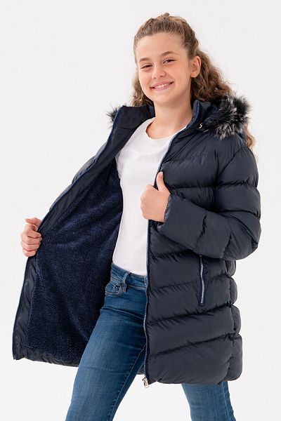VODENS Girl's Navy Blue Fleece Inside Furry Waterproof Thick Detachable Hooded Coat Coat