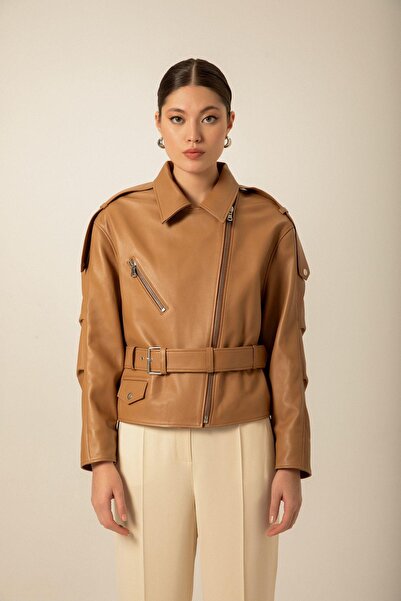 rue Belted Camel Biker Leather Jacket