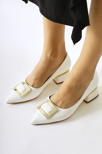 Limoya Charoline White Buckle Short Heeled Pointed Toe Women's Shoes