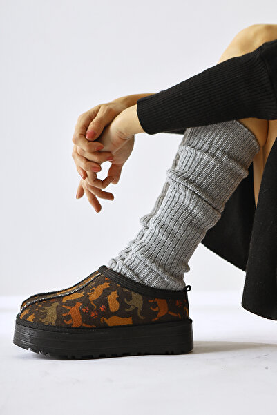 Limoya Yesica Siyah Süet Kedi Desenli Içi Kürklü Kısa Kadın Bot, Kadın Bootie Fırsat Ürünü