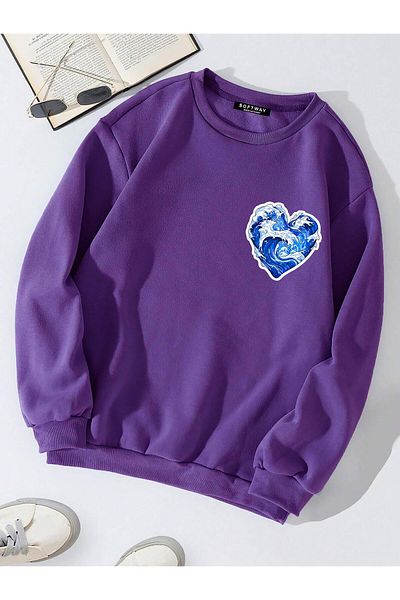 SOFTWAY Unisex Oversize Ocean Heart Baskılı Basic φούτερ – Μωβ
