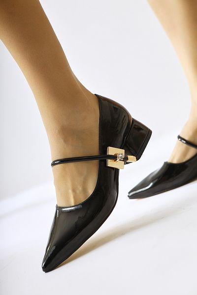 Limoya Дамски ежедневни обувки Micha Black Laced Leather с остър връх и катарама, детайлни, къси токчета