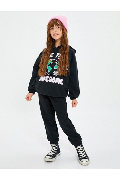 Koton Hooded Sweatshirt Long Sleeve Print Detailed Raised
