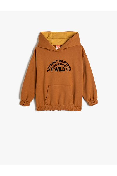 Koton Hooded Sweatshirt Long Sleeve Kangaroo Pocket Slogan Printed Ribbon