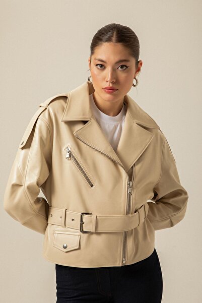 rue Kemerli Biker Ekru Deri Ceket