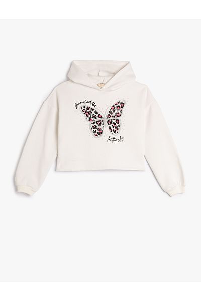 Koton Hooded Crop Sweatshirt Rose Gold Butterfly Printed