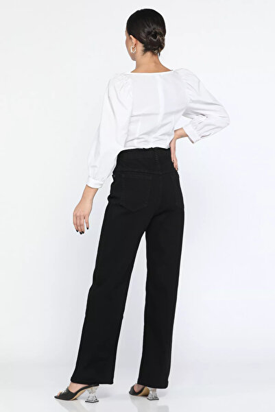 GÜLSELİ Μαύρο γυναικείο τζιν τζιν με διπλό κουμπί με φαρδύ πόδι Lycra