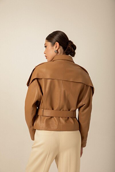 rue Belted Camel Biker Leather Jacket