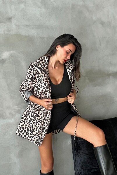 Mossta Women's Trench Coat - Leopard Pattern and Elastic Waist