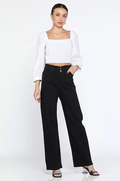 GÜLSELİ Black Double Button Detailed Wide Leg Lycra Women's Jean Jeans