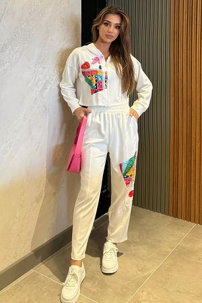 GÜLSELİ Cream Digital Printed Sweat Pants Double Set