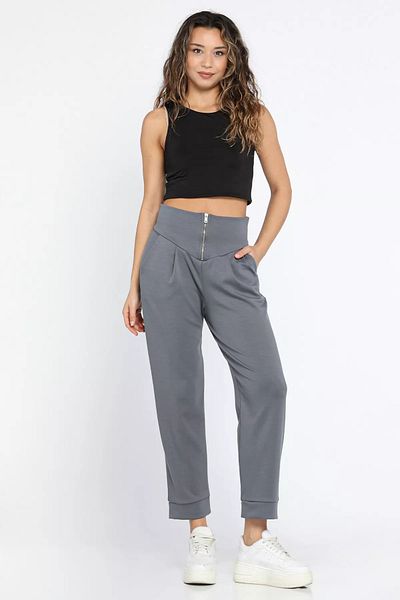 GÜLSELİ Pantaloni de damă gri cu fermoar cu pliuri