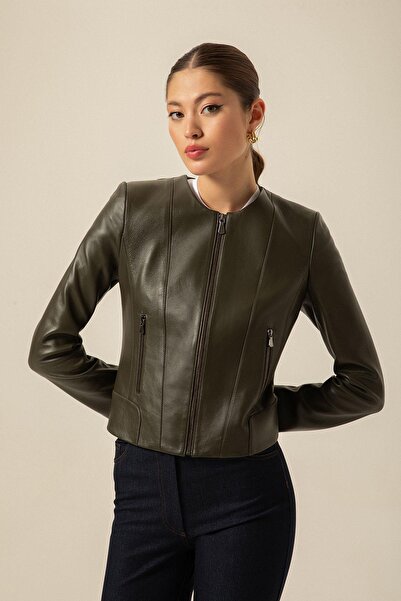 rue Zipper Detailed Khaki Leather Jacket