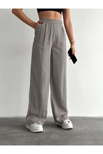 Özge Sibel Gray Belted Palazzo Linen Pants High Waist