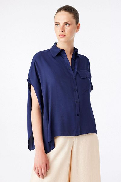 rue. Comfortable Form Short Sleeve Navy Blue Shirt